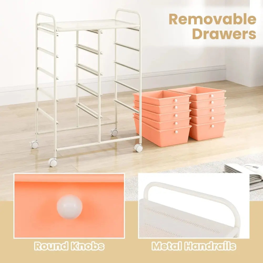 10-Drawer Rolling Storage Cart-Peach Costway