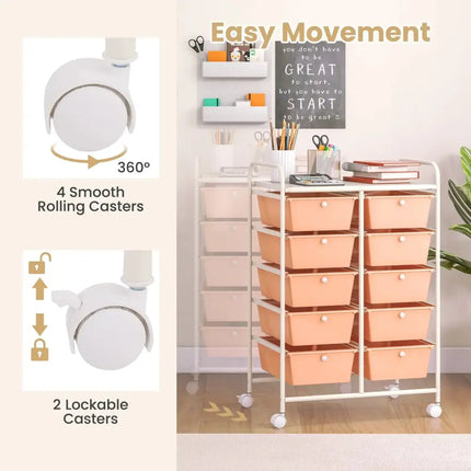10-Drawer Rolling Storage Cart-Peach Costway