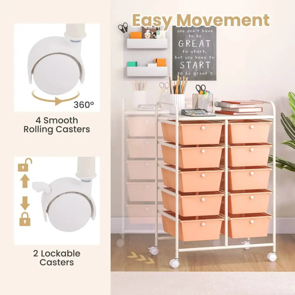 10-Drawer Rolling Storage Cart-Peach Costway