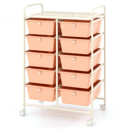 10-Drawer Rolling Storage Cart-Peach Costway