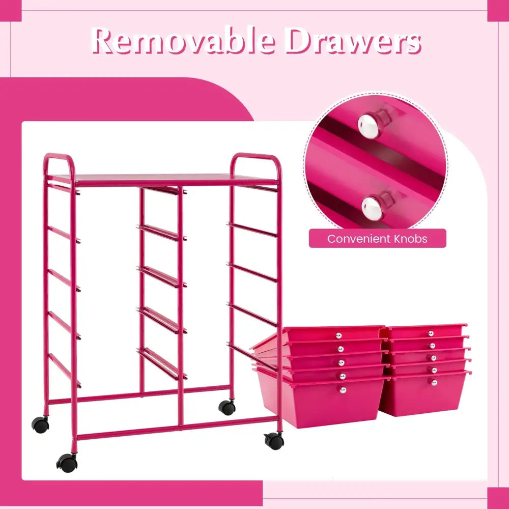 10-Drawer Rolling Storage Cart-Pink Costway