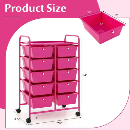 10-Drawer Rolling Storage Cart-Pink Costway