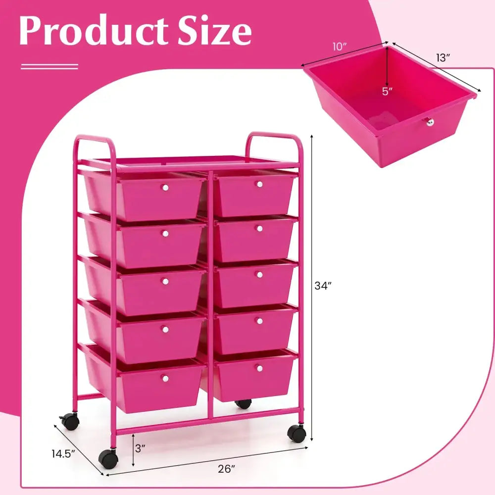 10-Drawer Rolling Storage Cart-Pink Costway