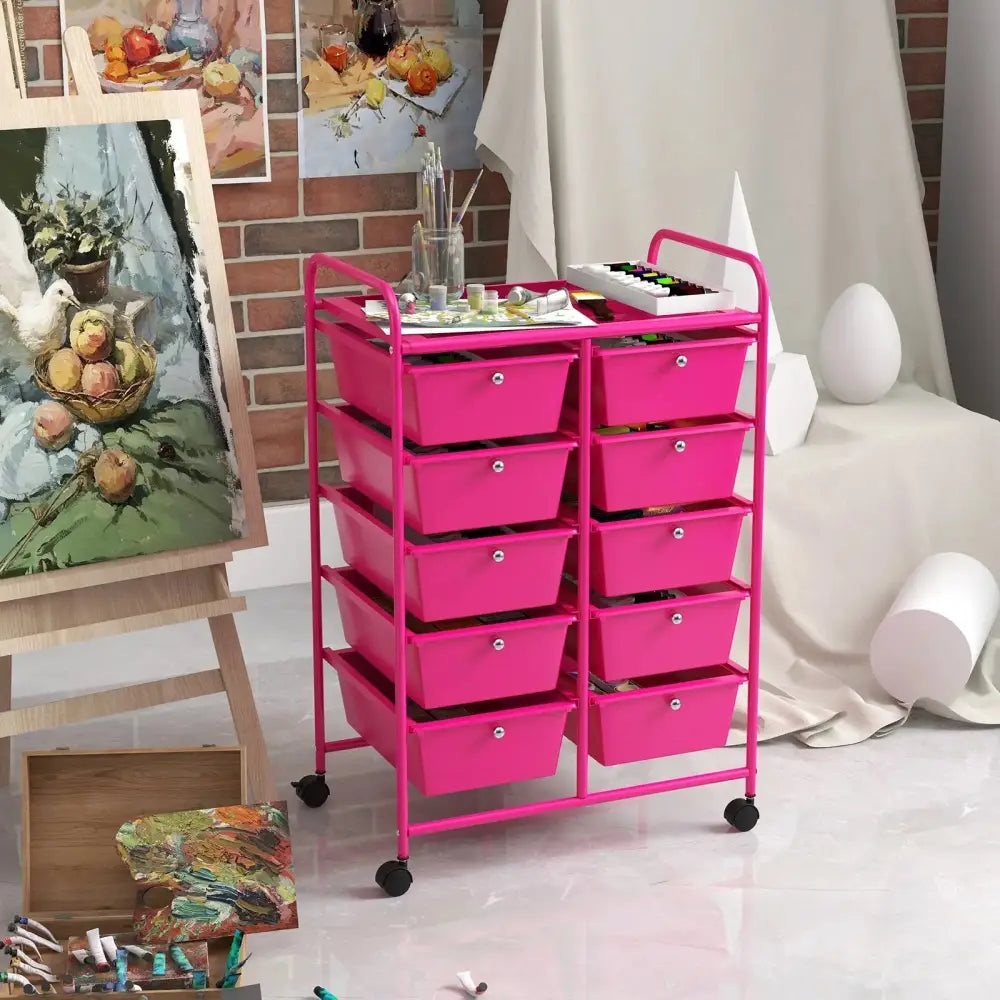 10-Drawer Rolling Storage Cart-Pink Costway