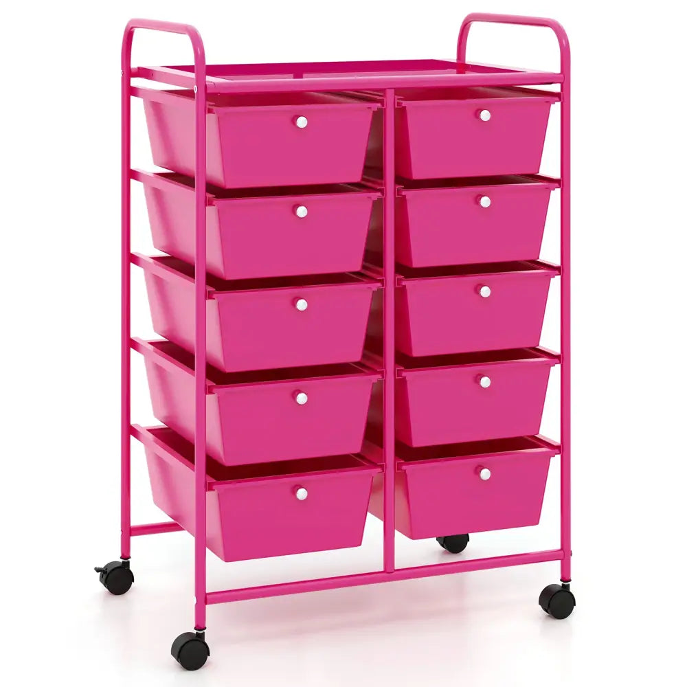 10-Drawer Rolling Storage Cart-Pink - Pink - File Cabinets