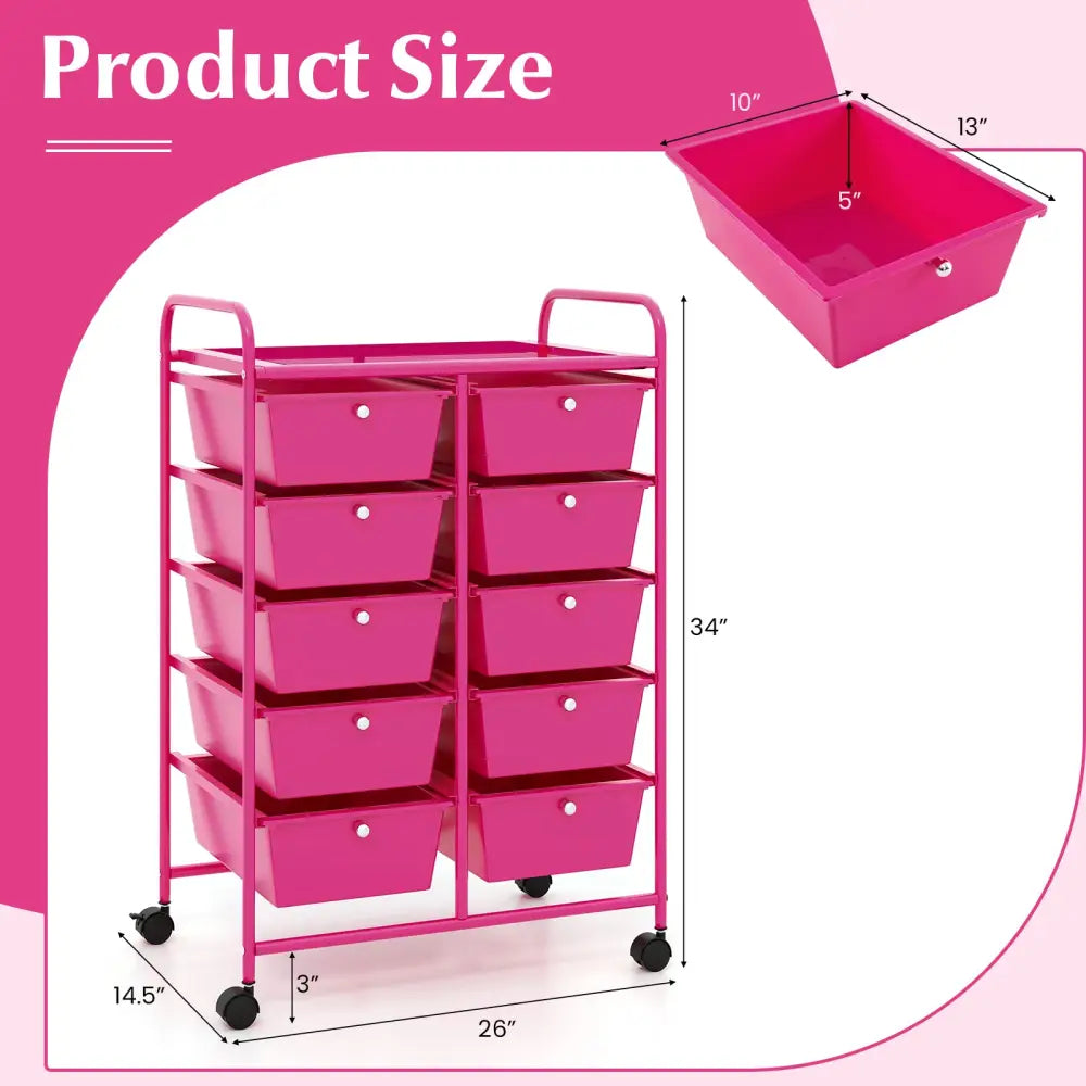 10-Drawer Rolling Storage Cart-Pink - Pink - File Cabinets