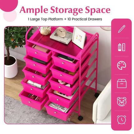 10-Drawer Rolling Storage Cart-Pink Costway