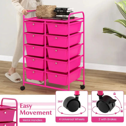 10-Drawer Rolling Storage Cart-Pink Costway
