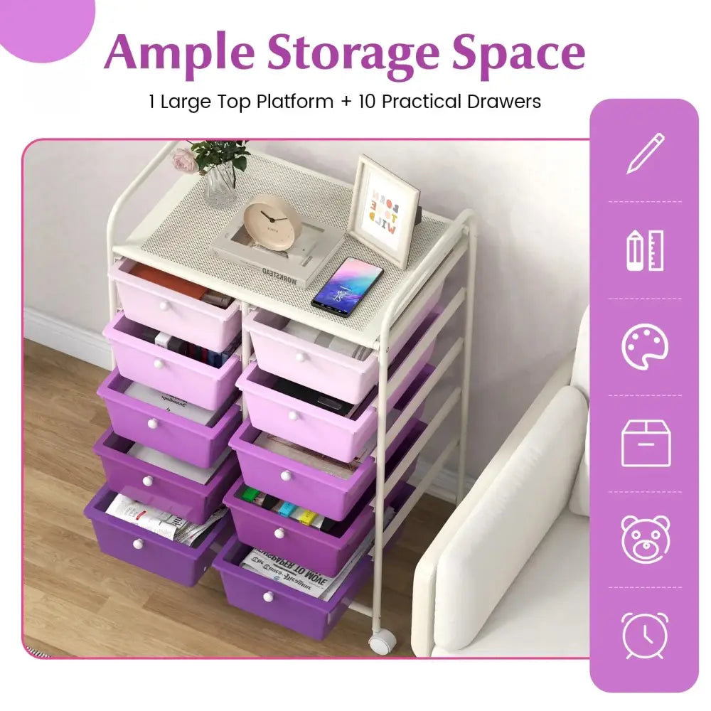 10-Drawer Rolling Storage Cart-Purple Costway