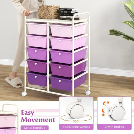 10-Drawer Rolling Storage Cart-Purple Costway
