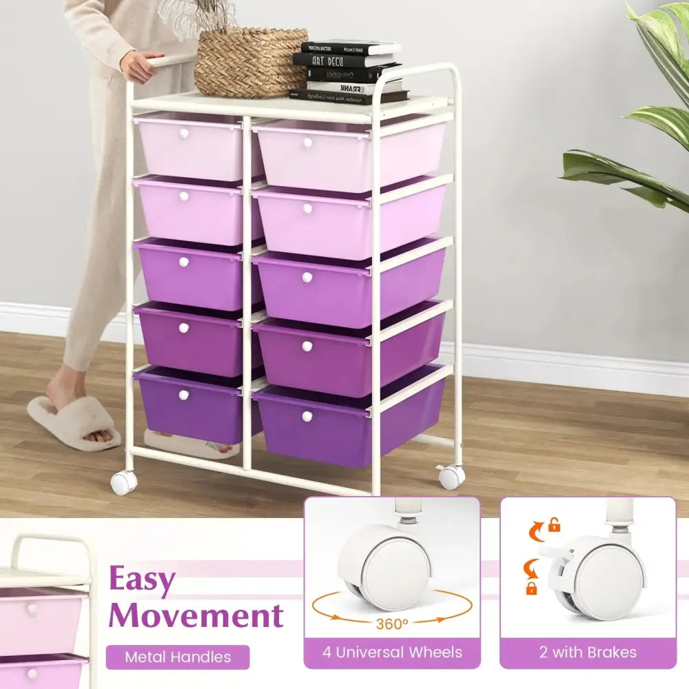 10-Drawer Rolling Storage Cart-Purple Costway