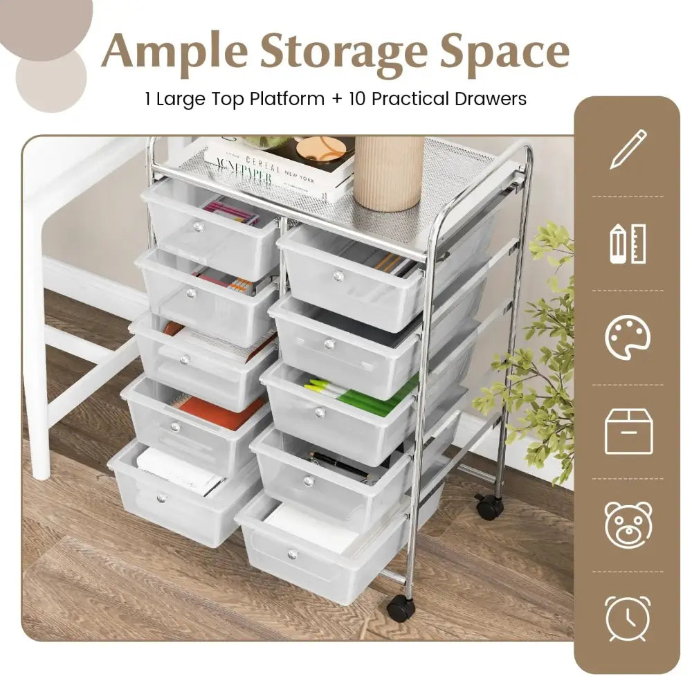 10-Drawer Rolling Storage Cart-Transparent Costway
