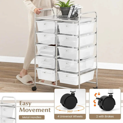 10-Drawer Rolling Storage Cart-Transparent Costway