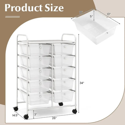 10-Drawer Rolling Storage Cart-Transparent Costway