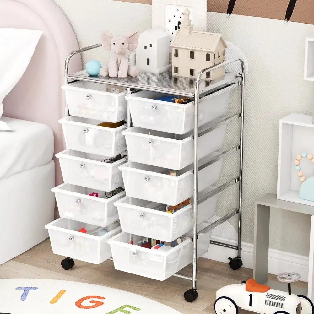 10-Drawer Rolling Storage Cart-Transparent Costway