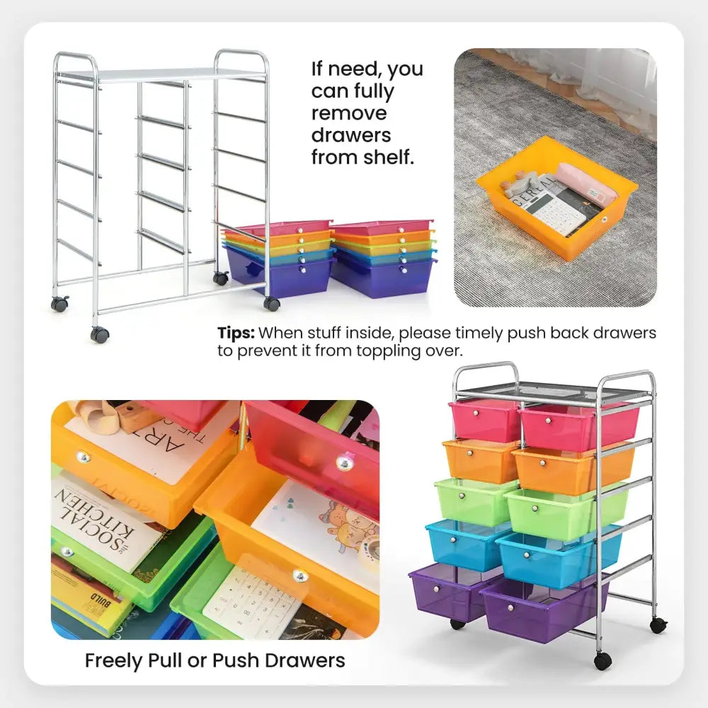 10-Drawer Rolling Storage Cart-Transparent Multicolor Costway