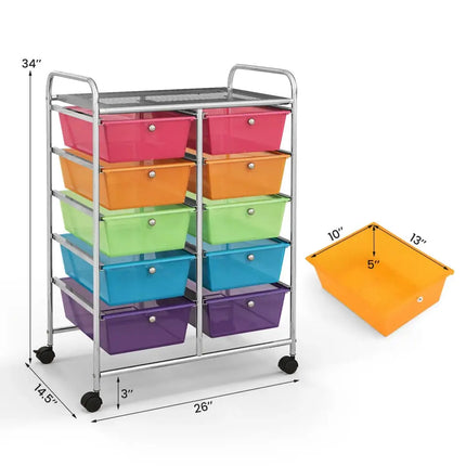 10-Drawer Rolling Storage Cart-Transparent Multicolor Costway