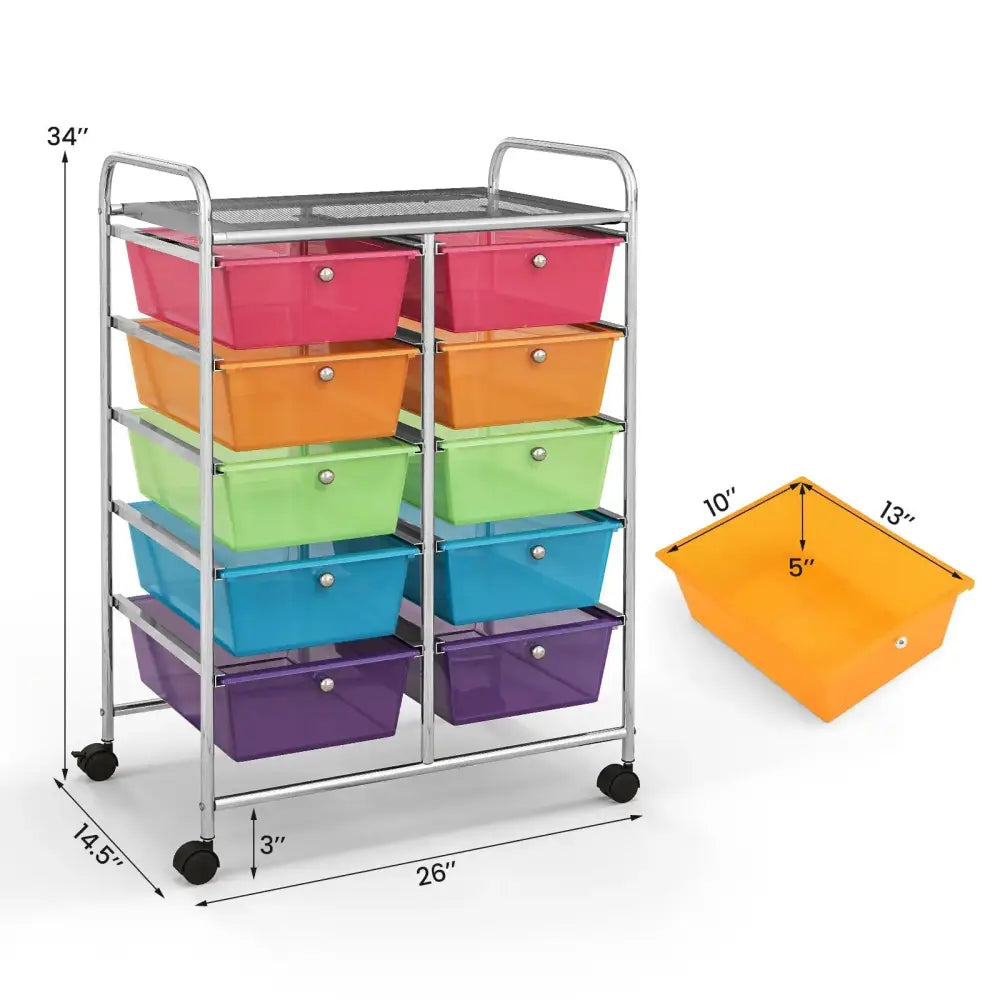 10-Drawer Rolling Storage Cart-Transparent Multicolor Costway