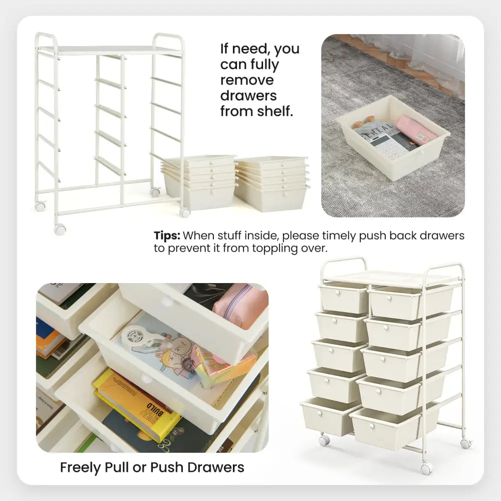 10-Drawer Rolling Storage Cart-White - White - File Cabinets