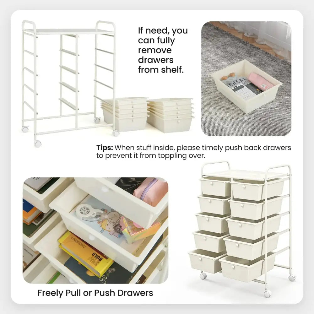 10-Drawer Rolling Storage Cart-White Costway