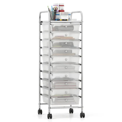 10-Drawer Rolling Storage Cart with Metal Frame and Lockable Universal Wheels-White Costway