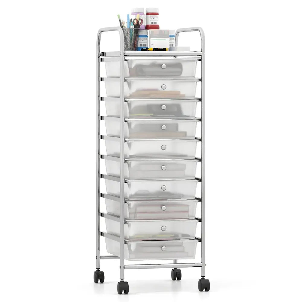 10-Drawer Rolling Storage Cart with Metal Frame and Lockable Universal Wheels-White Costway