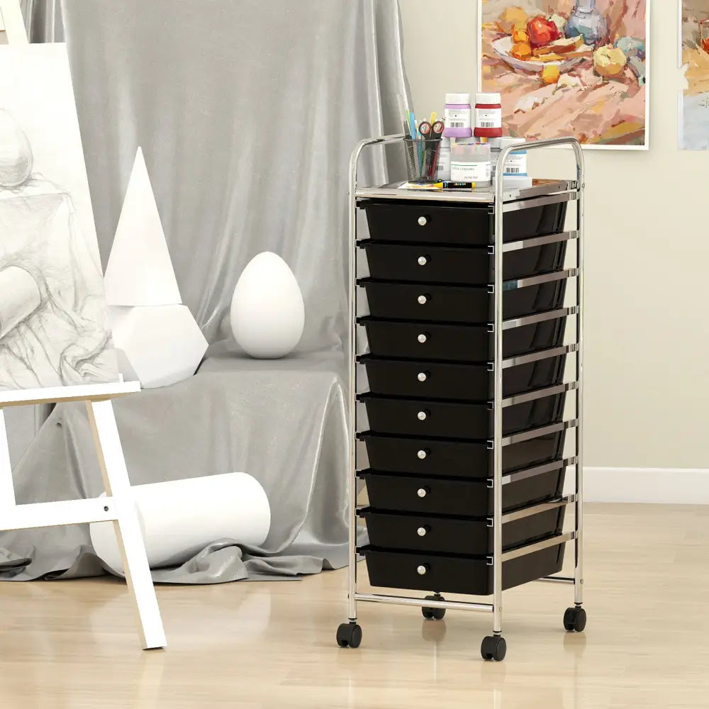 10-Drawer Rolling Storage Cart with Metal Frame and Lockable Universal Wheels-Black - Black - File Cabinets