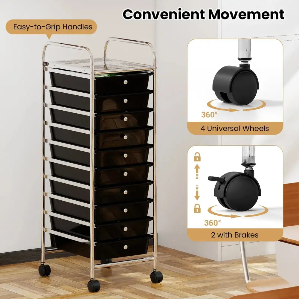 10-Drawer Rolling Storage Cart with Metal Frame and Lockable Universal Wheels-Black Costway