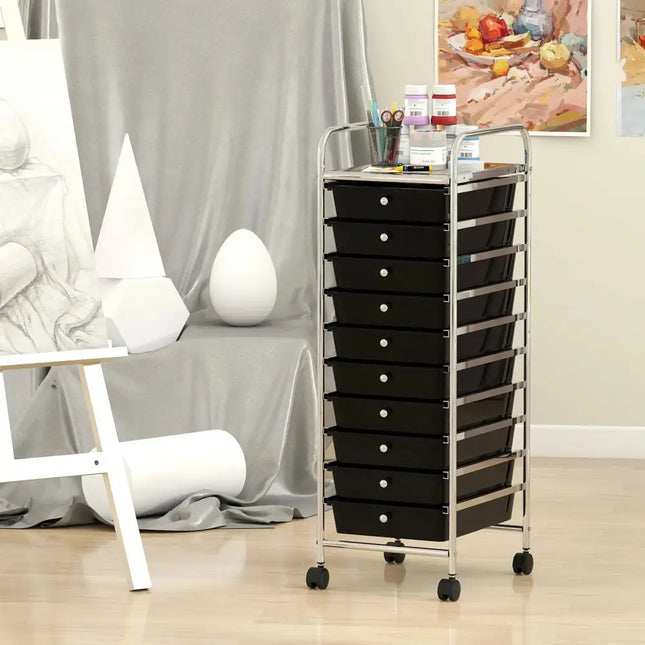 10-Drawer Rolling Storage Cart with Metal Frame and Lockable Universal Wheels-Black Costway