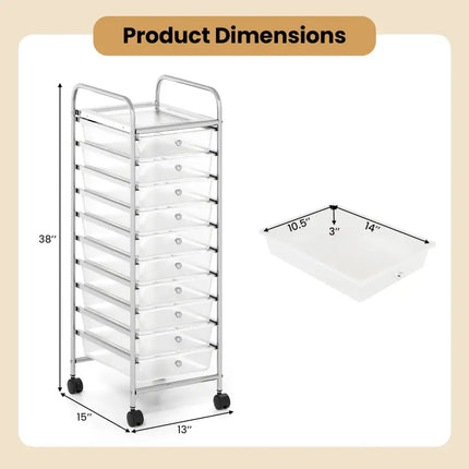 10-Drawer Rolling Storage Cart with Metal Frame and Lockable Universal Wheels-White Costway