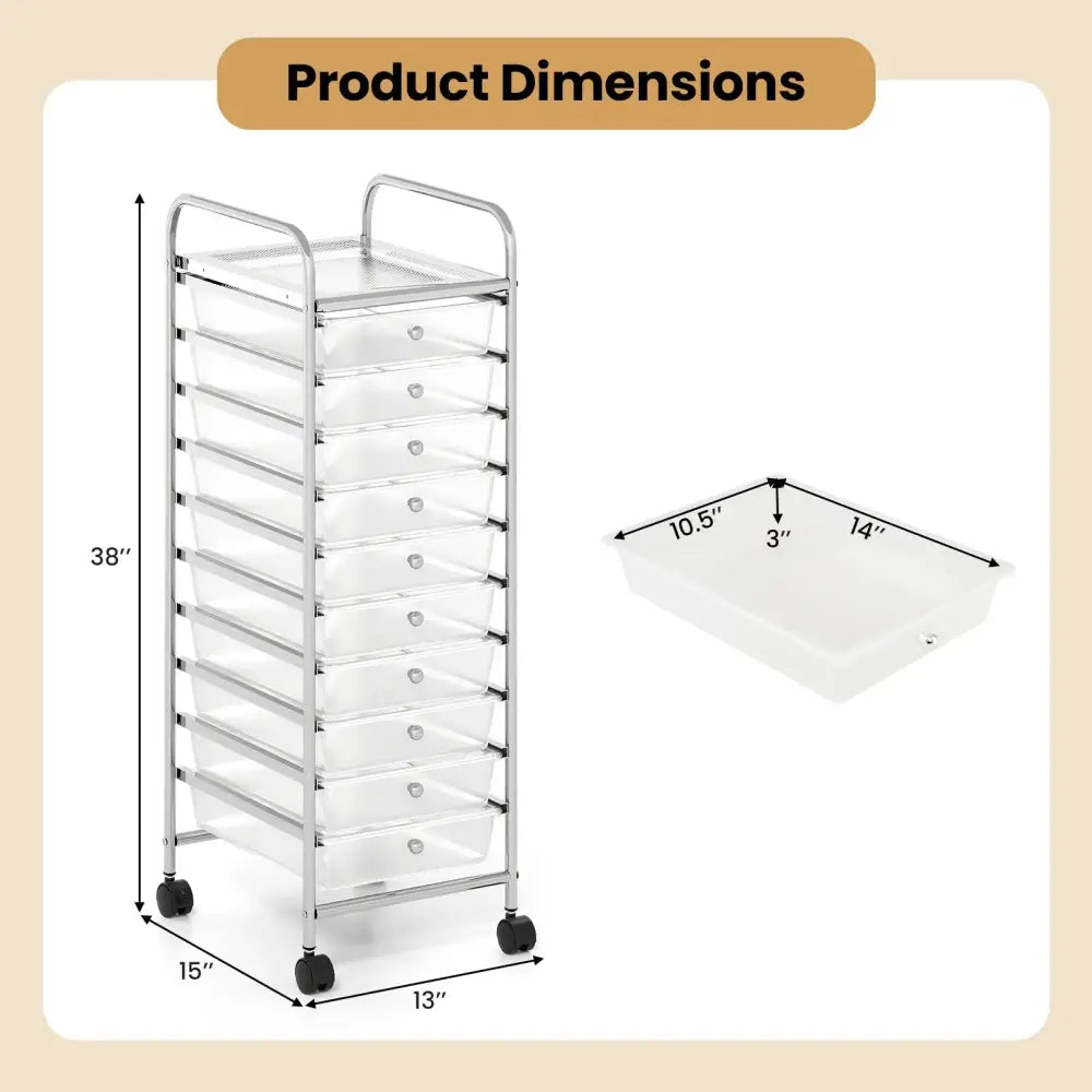 10-Drawer Rolling Storage Cart with Metal Frame and Lockable Universal Wheels-White Costway