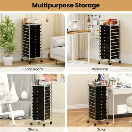 10-Drawer Rolling Storage Cart with Metal Frame and Lockable Universal Wheels-Black Costway