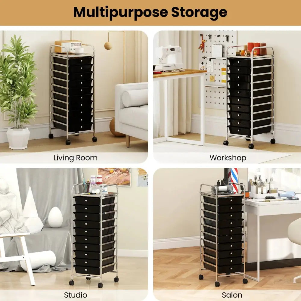 10-Drawer Rolling Storage Cart with Metal Frame and Lockable Universal Wheels-Black Costway