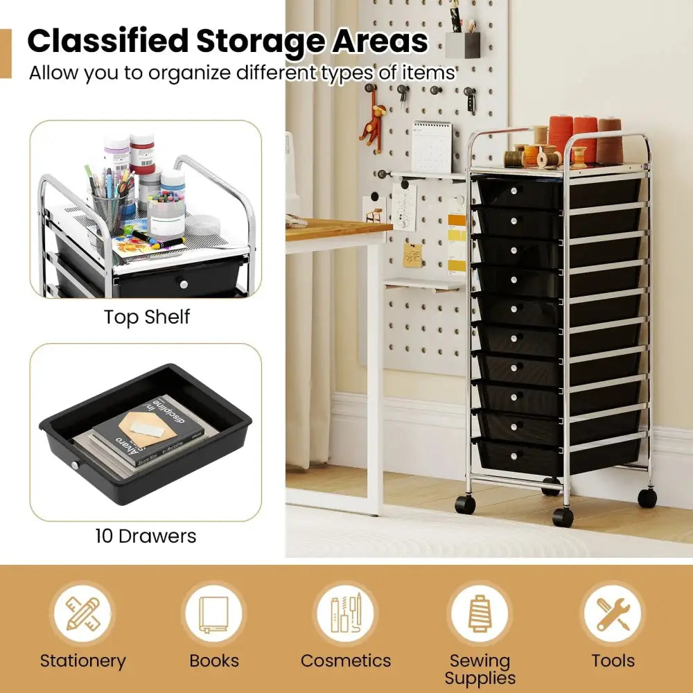 10-Drawer Rolling Storage Cart with Metal Frame and Lockable Universal Wheels-Black Costway