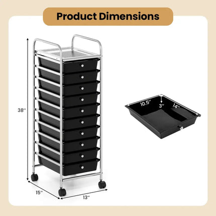 10-Drawer Rolling Storage Cart with Metal Frame and Lockable Universal Wheels-Black Costway