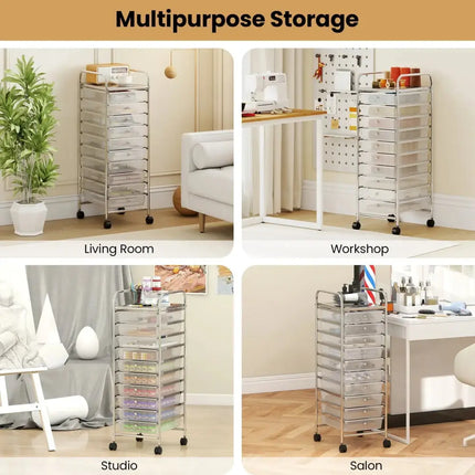 10-Drawer Rolling Storage Cart with Metal Frame and Lockable Universal Wheels-White Costway