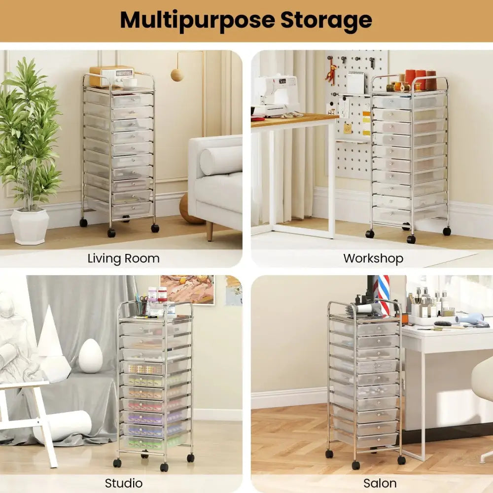 10-Drawer Rolling Storage Cart with Metal Frame and Lockable Universal Wheels-White Costway