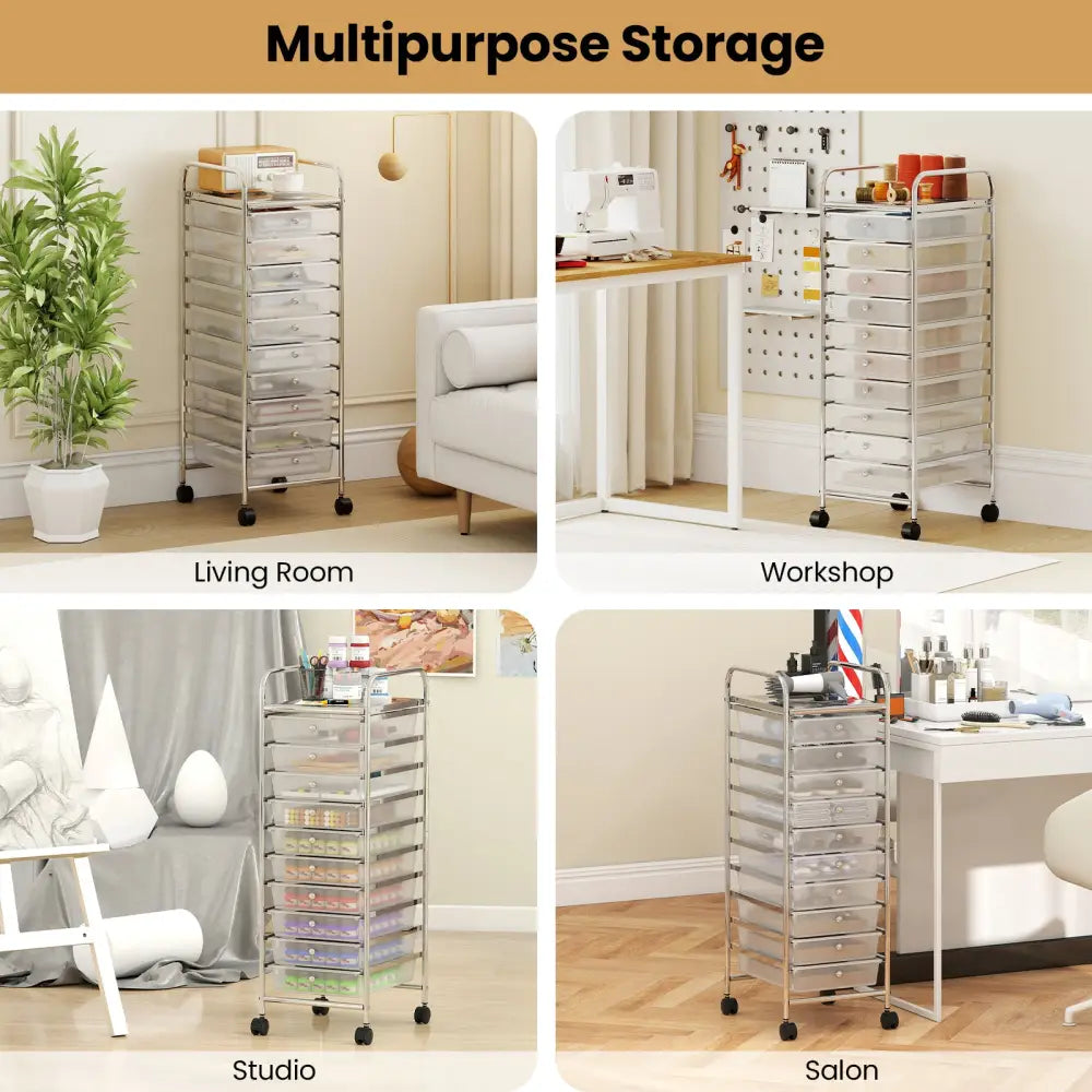 10-Drawer Rolling Storage Cart with Metal Frame and Lockable Universal Wheels-White - White - File Cabinets