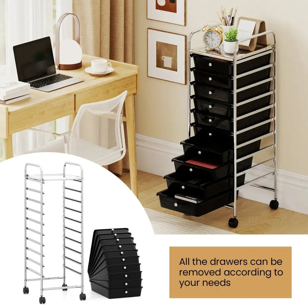 10-Drawer Rolling Storage Cart with Metal Frame and Lockable Universal Wheels-Black Costway
