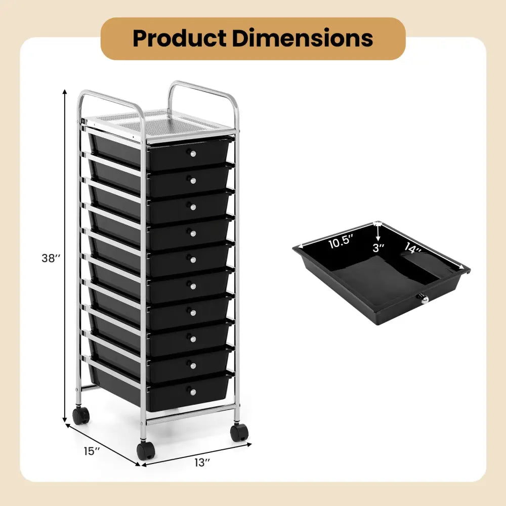 10-Drawer Rolling Storage Cart with Metal Frame and Lockable Universal Wheels-Black - Black - File Cabinets