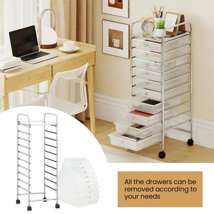 10-Drawer Rolling Storage Cart with Metal Frame and Lockable Universal Wheels-White Costway