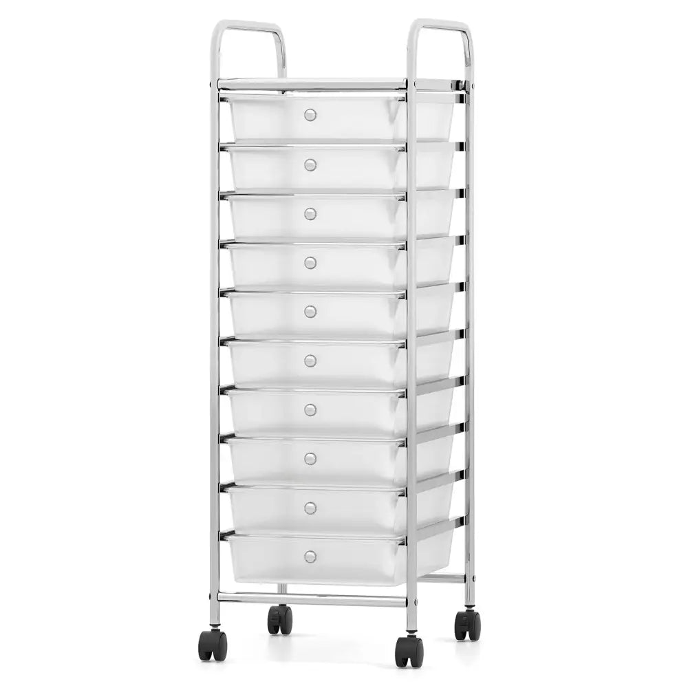 10-Drawer Rolling Storage Cart with Metal Frame and Lockable Universal Wheels-White Costway