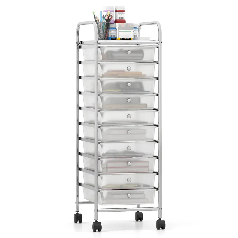 10-Drawer Rolling Storage Cart with Metal Frame and Lockable Universal Wheels-White - White - File Cabinets