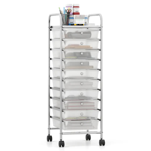 10-Drawer Rolling Storage Cart with Metal Frame and Lockable Universal Wheels-White - White - File Cabinets