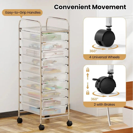 10-Drawer Rolling Storage Cart with Metal Frame and Lockable Universal Wheels-White Costway