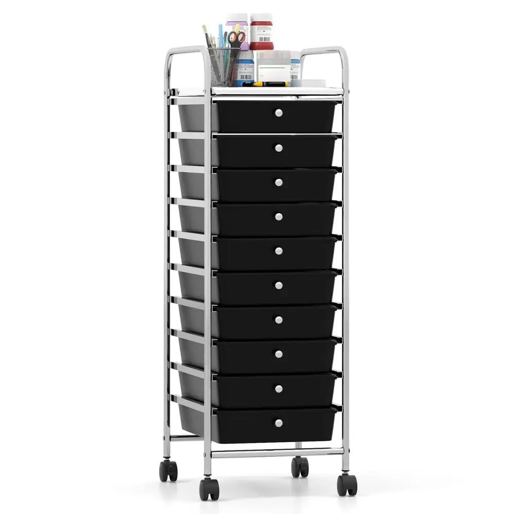 10-Drawer Rolling Storage Cart with Metal Frame and Lockable Universal Wheels-Black Costway