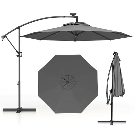 10 Feet 360° Rotation Solar Powered LED Patio Offset Umbrella without Weight Base-Gray - Gray - Outdoor Umbrellas