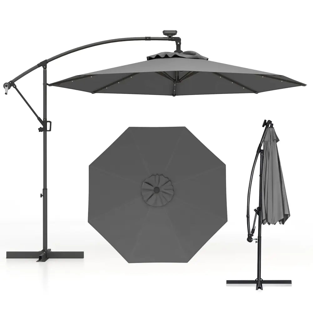 10 Feet 360° Rotation Solar Powered LED Patio Offset Umbrella without Weight Base-Gray - Gray - Outdoor Umbrellas