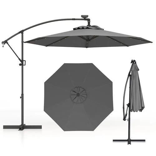 10 Feet 360° Rotation Solar Powered LED Patio Offset Umbrella without Weight Base-Gray - Gray - Outdoor Umbrellas