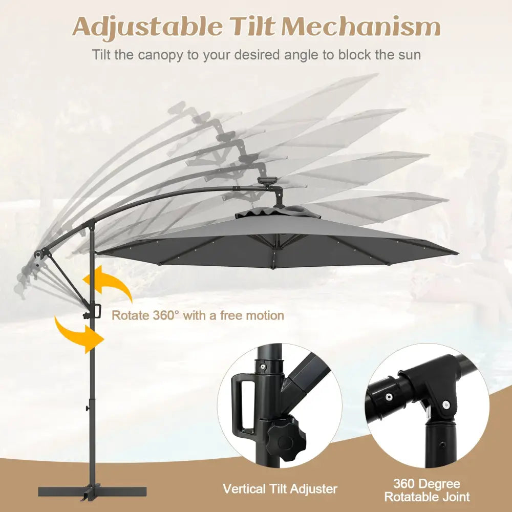 10 Feet 360° Rotation Solar Powered LED Patio Offset Umbrella without Weight Base-Gray - Gray - Outdoor Umbrellas